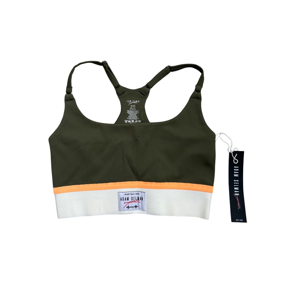 Adam Selman Sport Womens XXS Khaki Green Orange Stripe Racerback Sports Bra NEW - Picture 1 of 5